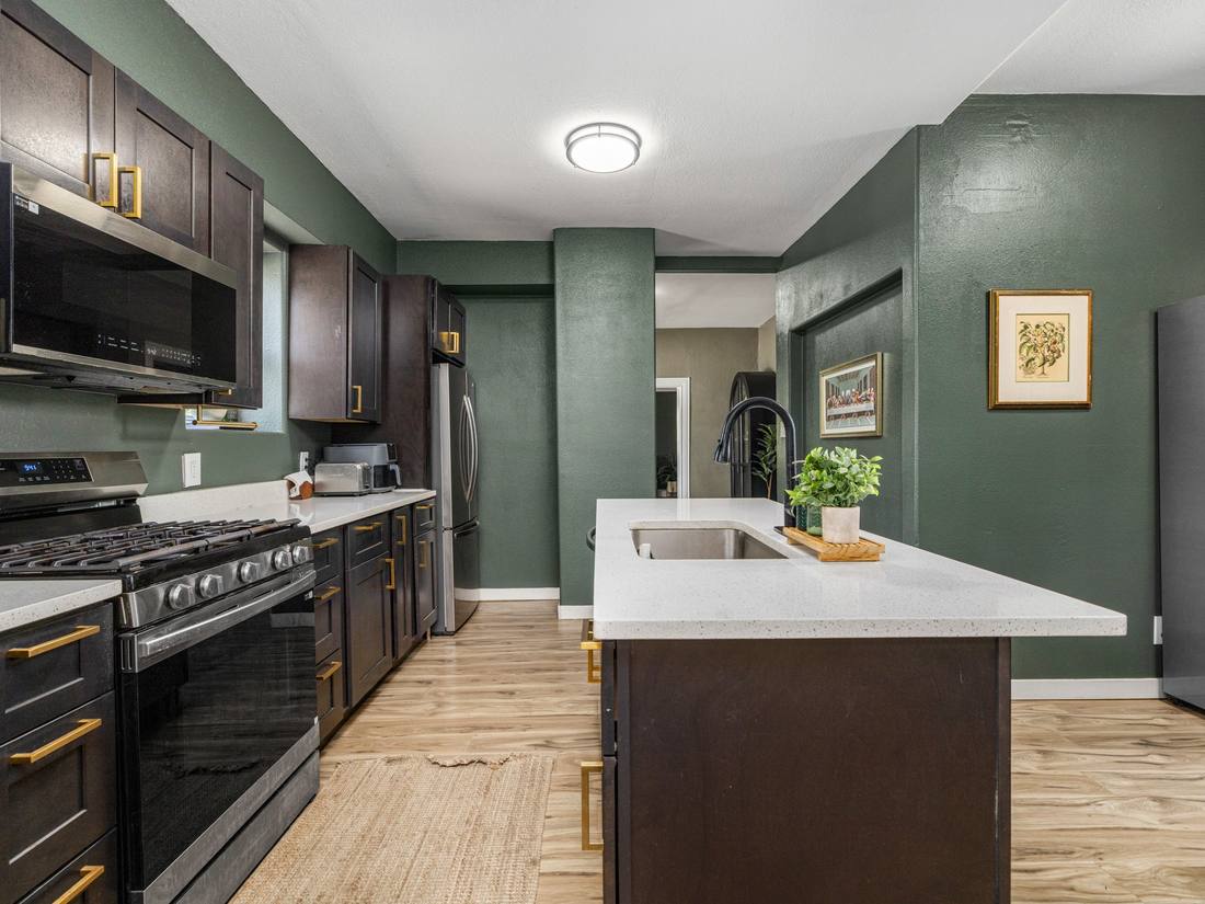 Kitchen with deep green cabinetry and brass hardware